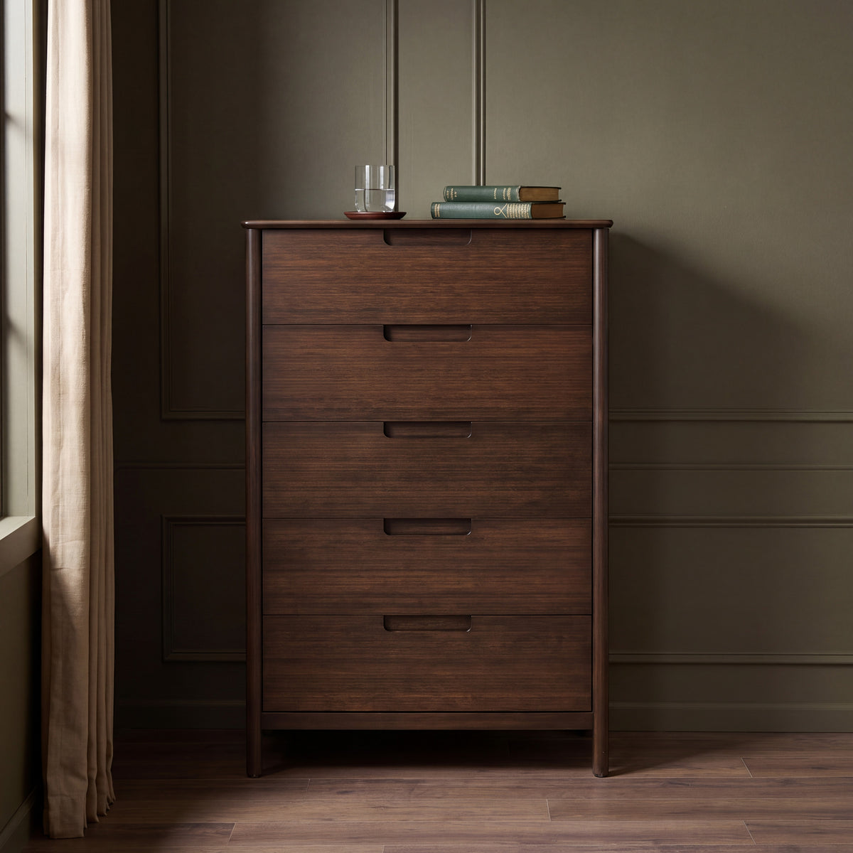 Greenington Weston Chest in Black Walnut bamboo, in a bedroom setting