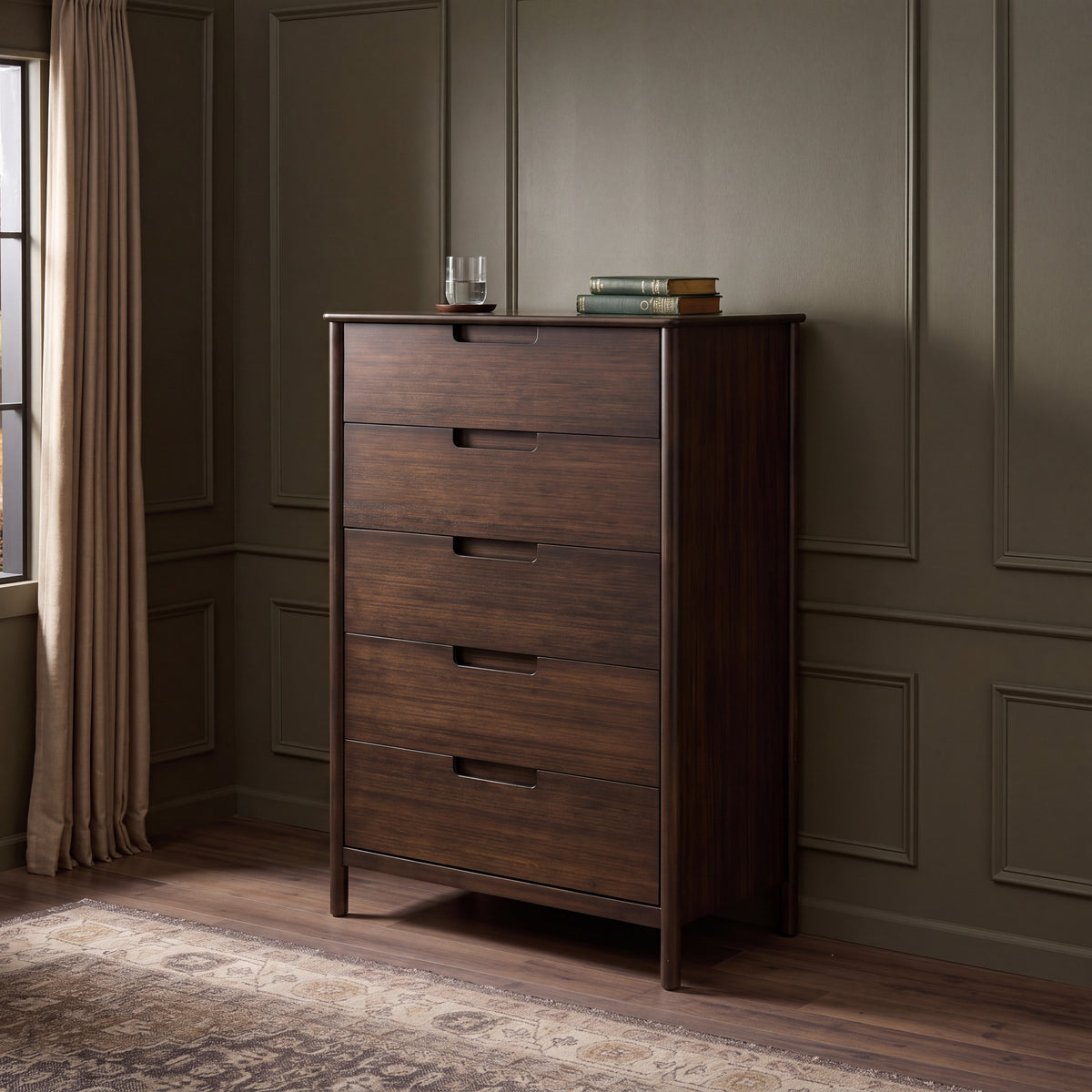 Greenington Weston Chest in Black Walnut bamboo, pictured in a bedroom