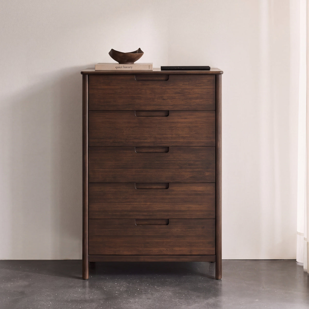 Greenington Weston Chest in Black Walnut bamboo, styled in a bedroom