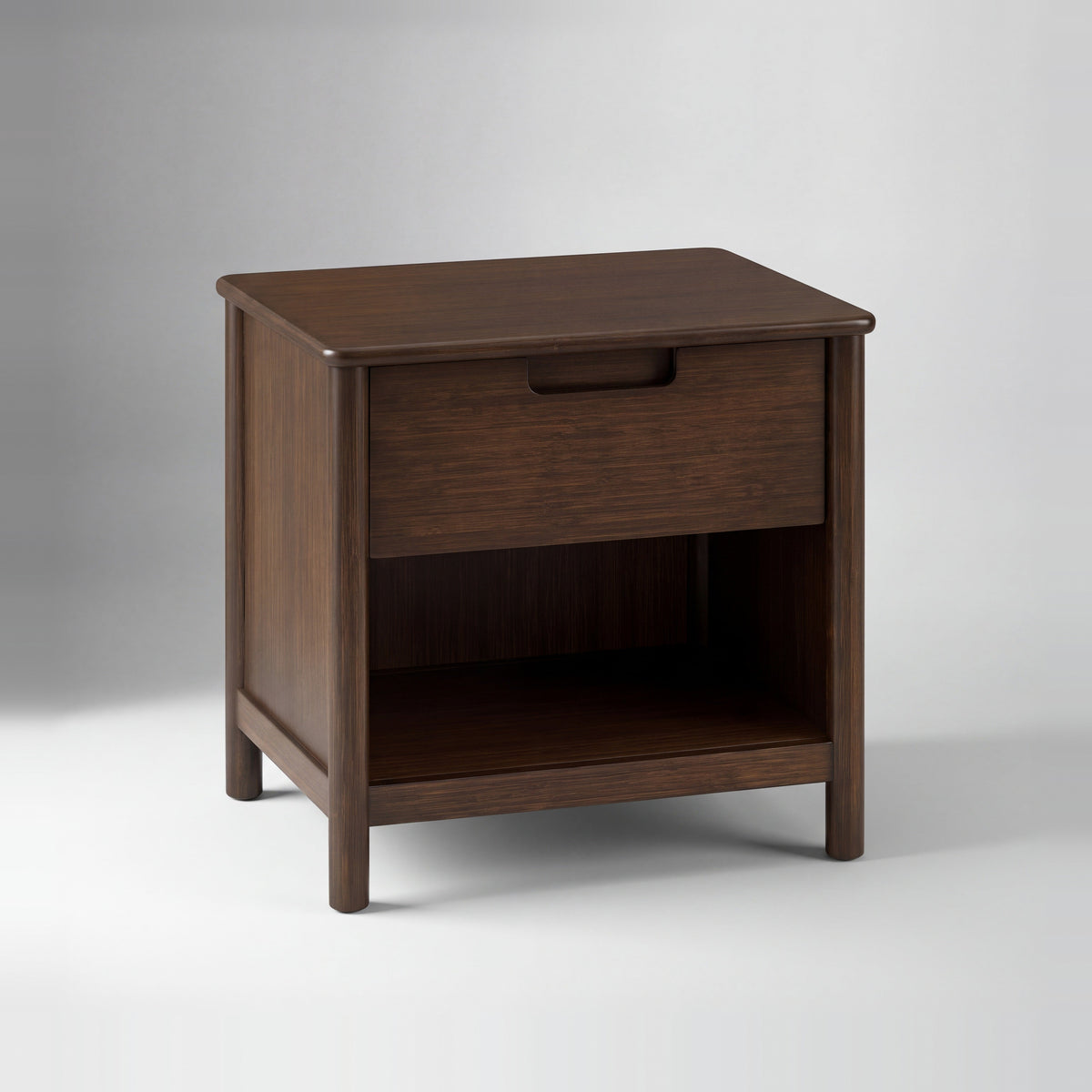 Greenington Weston Nightstand in Black Walnut bamboo, on a studio background