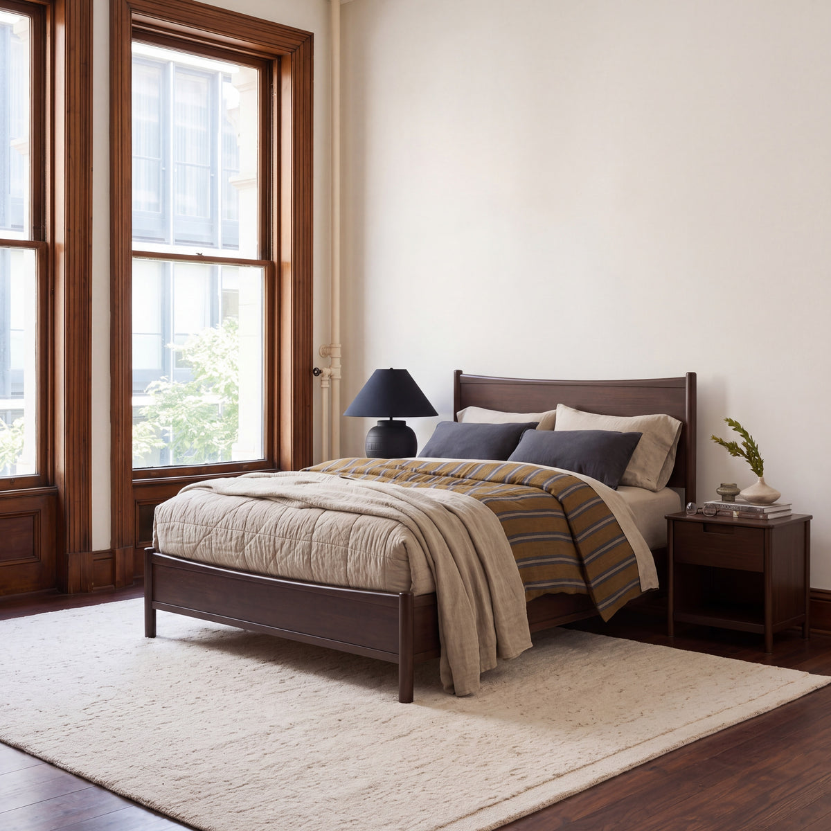 Greenington Weston Platform Bed in Black Walnut bamboo, in a bedroom setting
