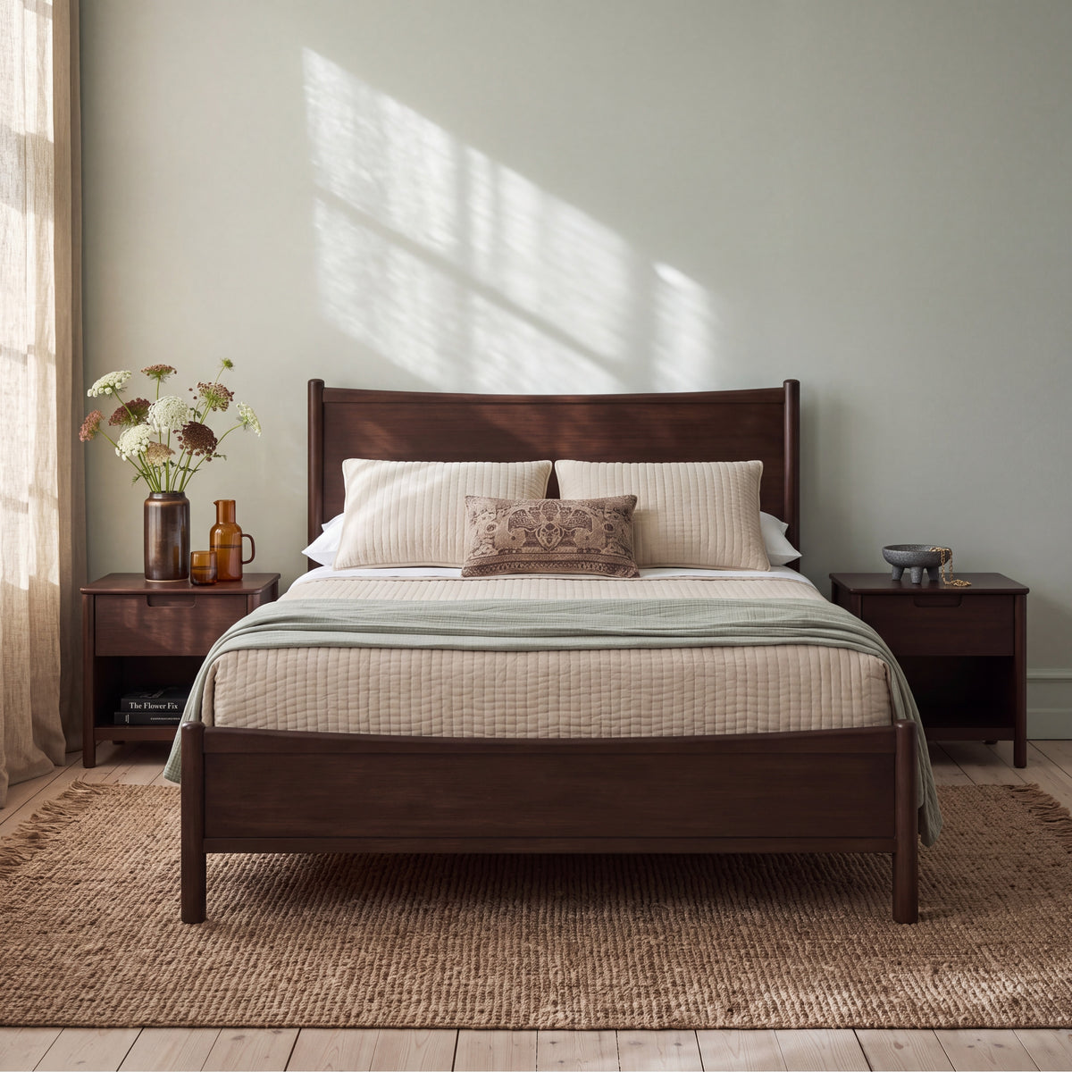 Greenington Weston Platform Bed in Black Walnut bamboo, styled in a bedroom