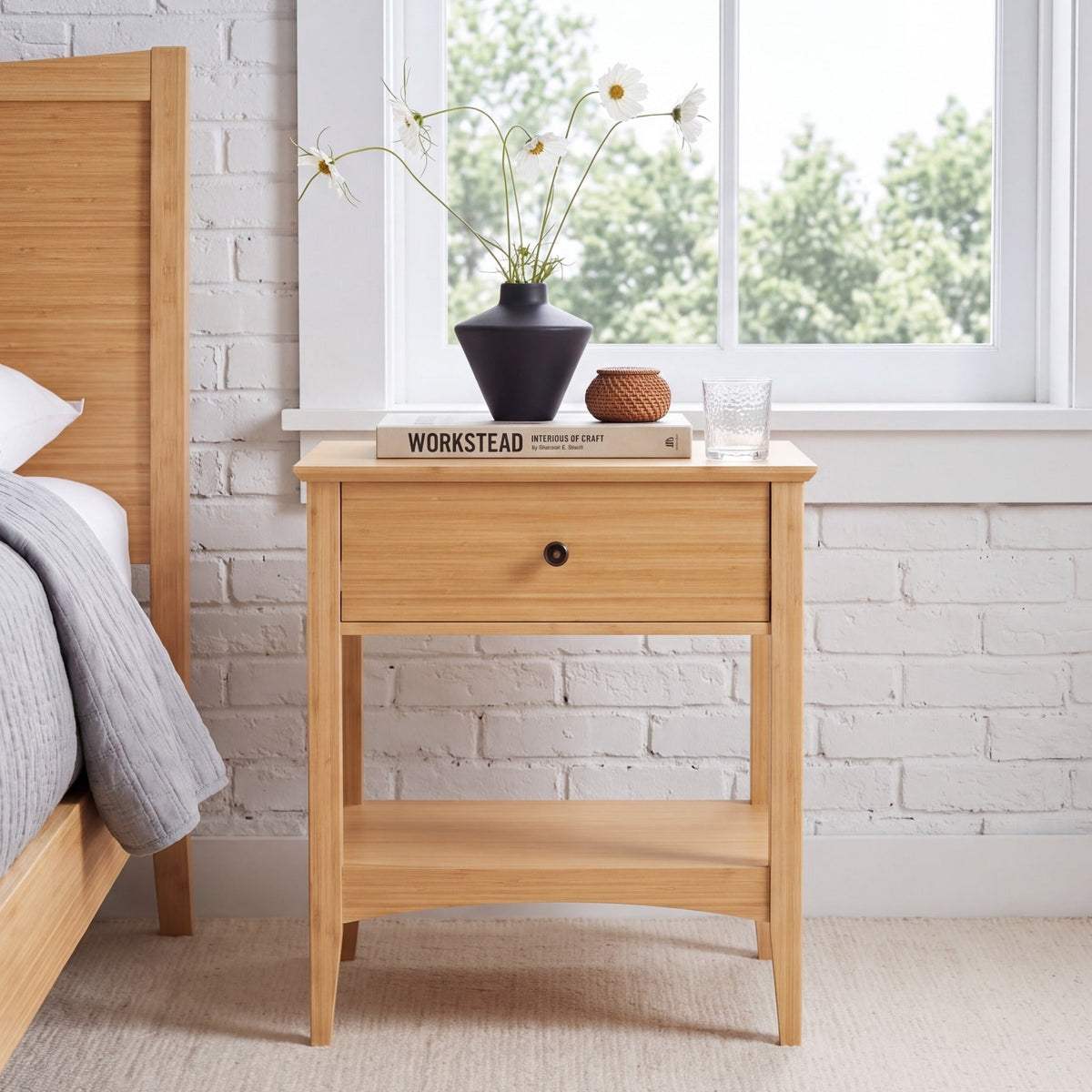 Greenington Willow Nightstand in Caramelized bamboo, styled in a bedroom
