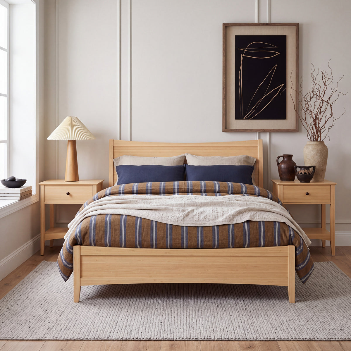 Greenington Willow Platform Bed in Caramelized bamboo, styled in a bedroom