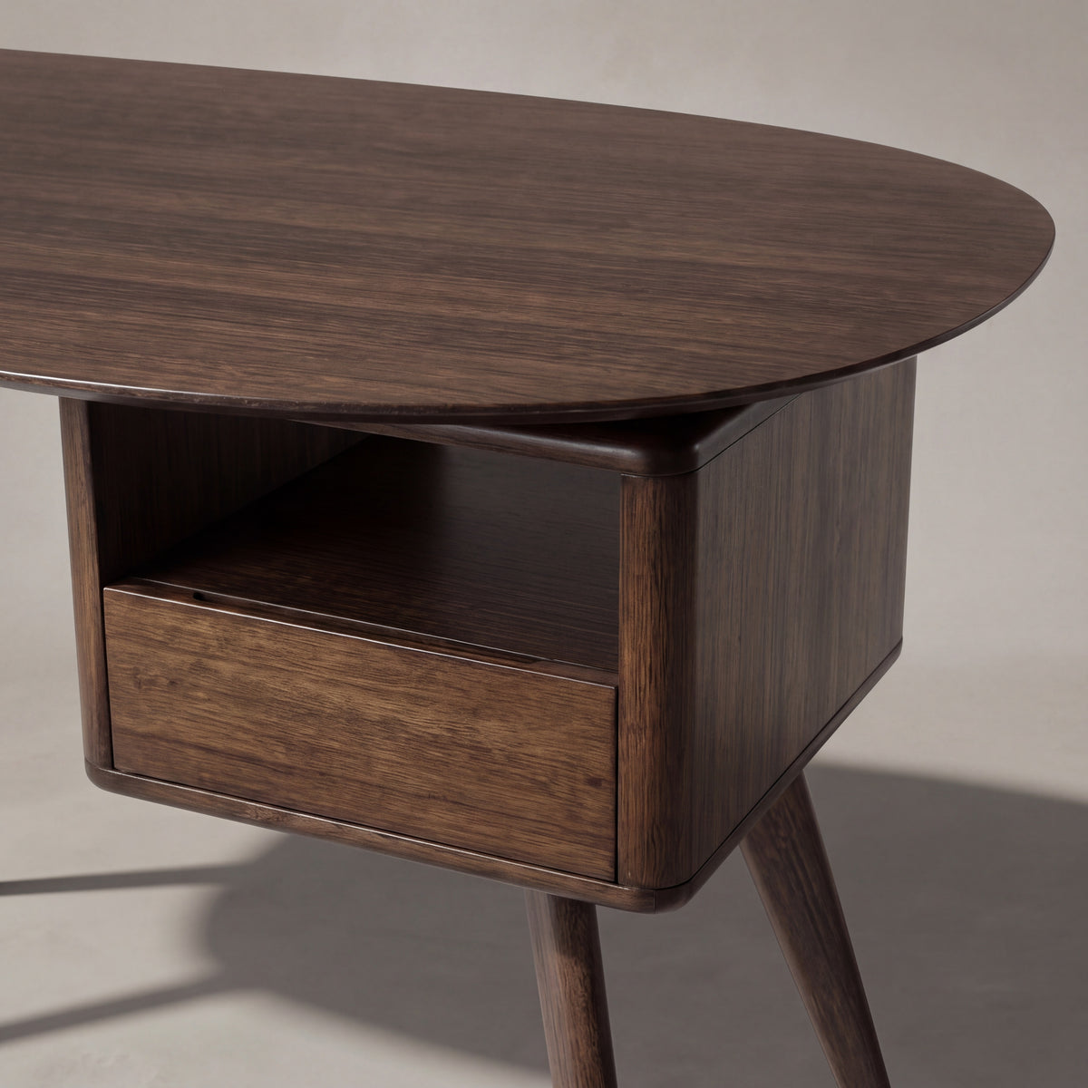 Close-up of the drawer and pull on the Greenington Wynn Writing Desk in Black Walnut bamboo