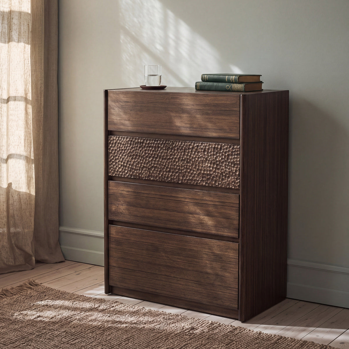 Greenington Zeva Chest in Black Walnut bamboo, styled in a bedroom