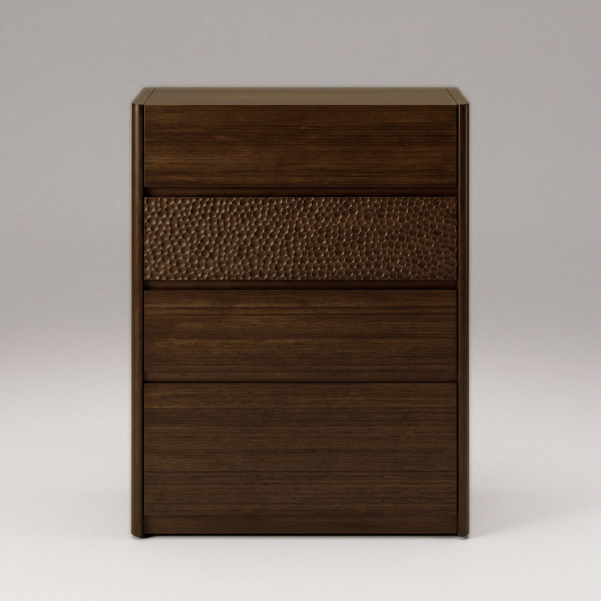 Greenington Zeva Chest in Black Walnut bamboo with a carved drawer front, on a light studio background, front view
