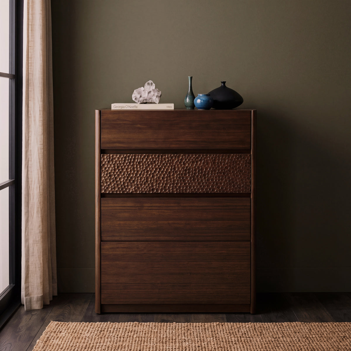 Greenington Zeva Chest in Black Walnut bamboo, styled in a dark olive bedroom, front view