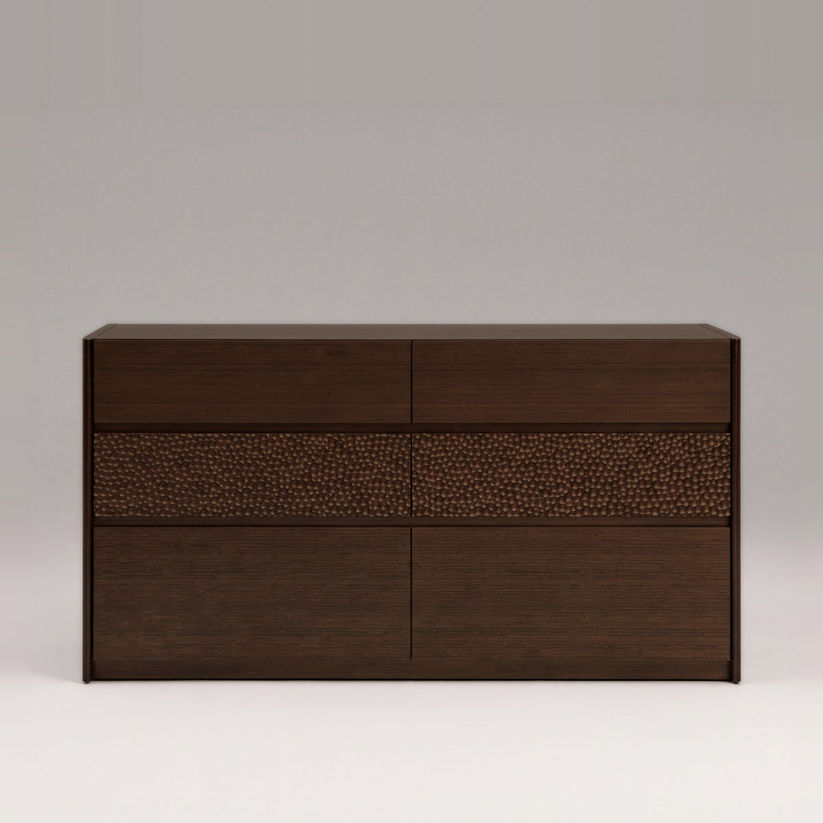 Greenington Zeva Dresser in Black Walnut bamboo with carved drawer fronts, on a light studio background, front view