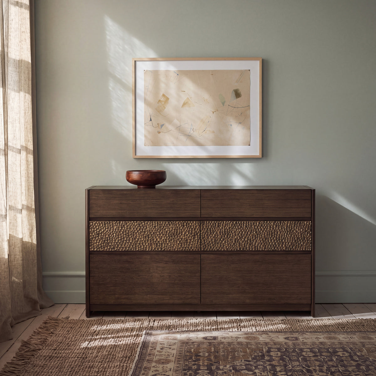 Greenington Zeva Dresser in Black Walnut bamboo, styled in a bedroom