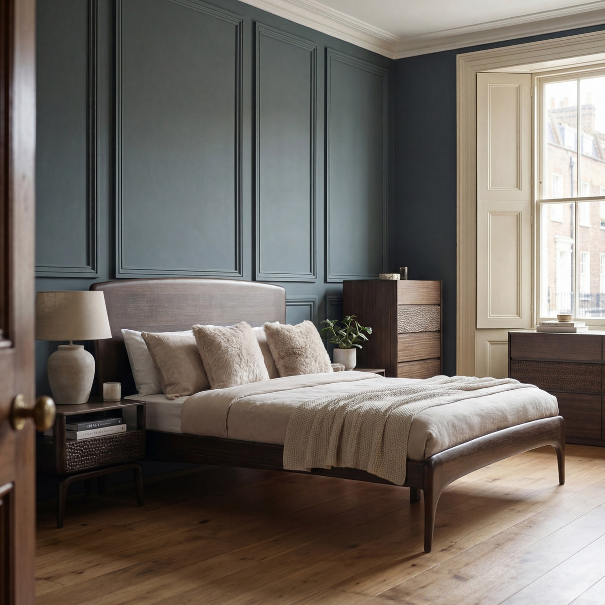 Greenington Zeva Platform Bed in Black Walnut bamboo, pictured in a bedroom