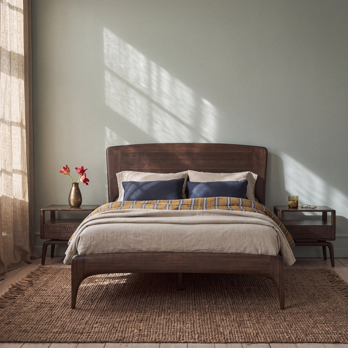 Greenington Zeva Platform Bed in Black Walnut bamboo, styled in a bedroom