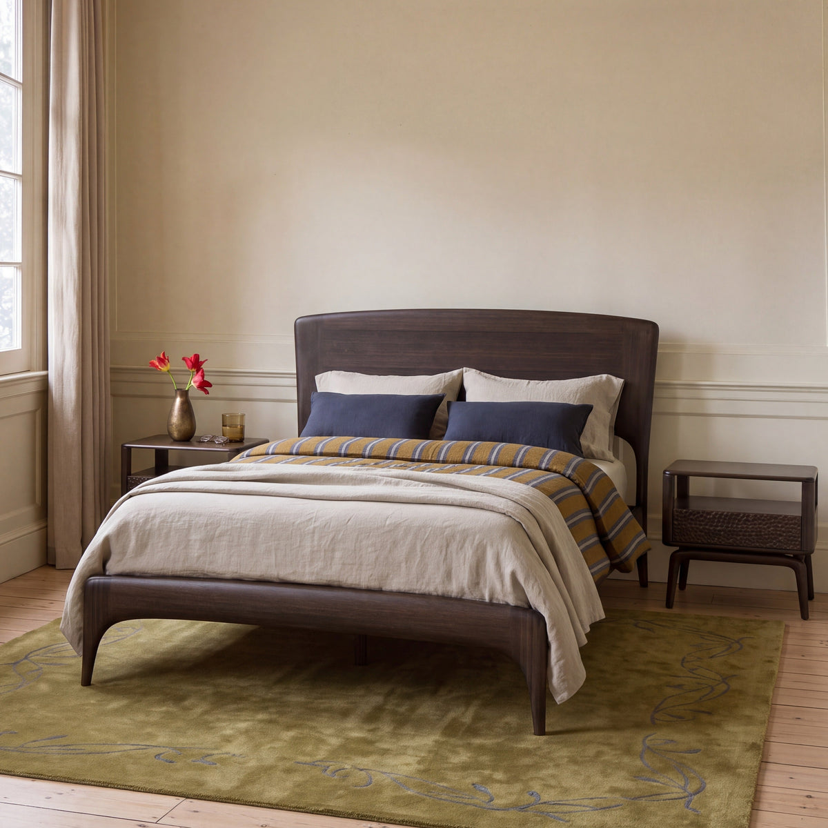 Greenington Zeva Platform Bed in Black Walnut bamboo, styled in a bedroom