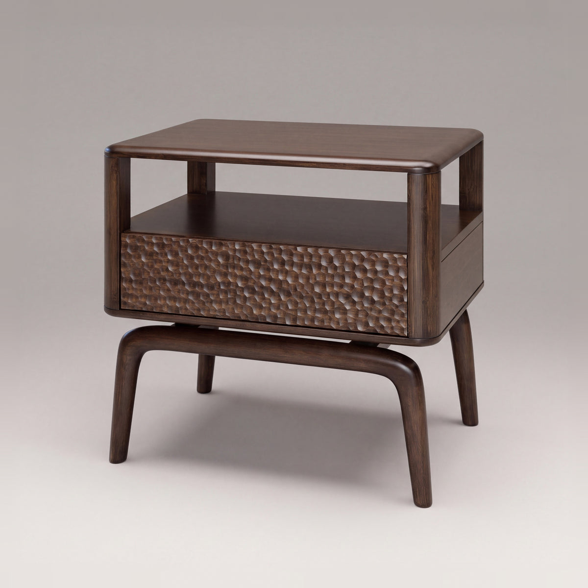 Greenington Zeva Nightstand in Black Walnut bamboo, on a light studio background, three-quarter view