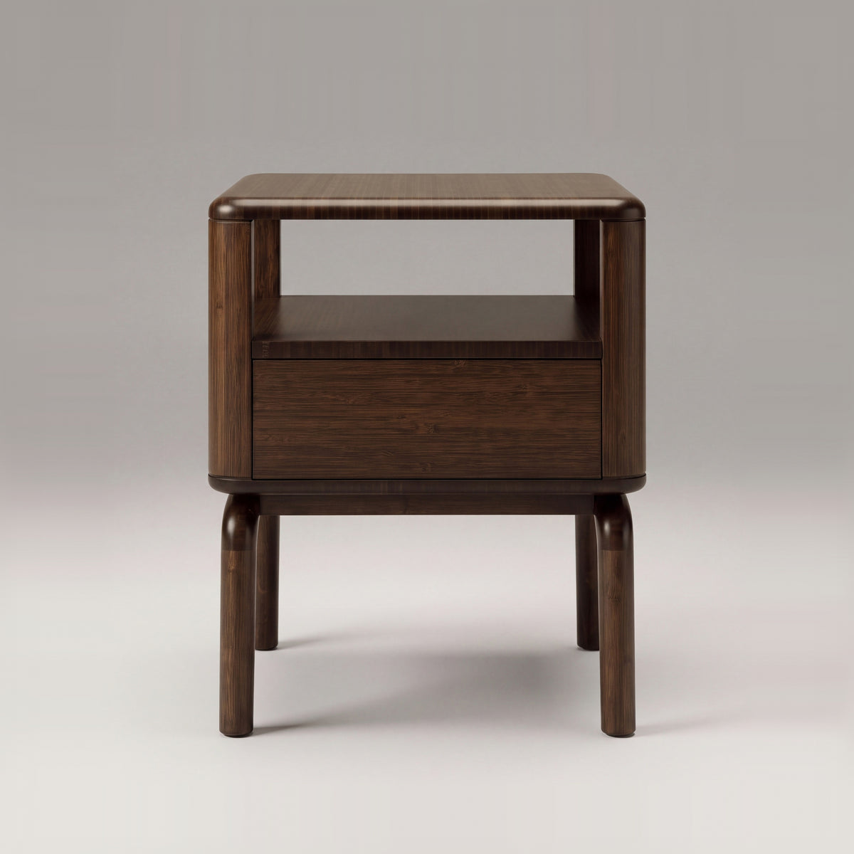 Greenington Zeva Nightstand in Black Walnut bamboo, on a light studio background, side view