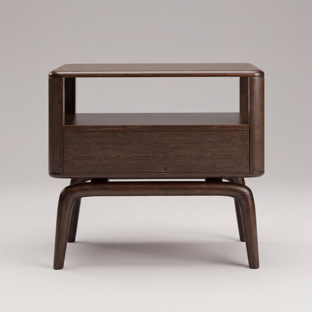 Greenington Zeva Nightstand in Black Walnut bamboo, on a light studio background, back view