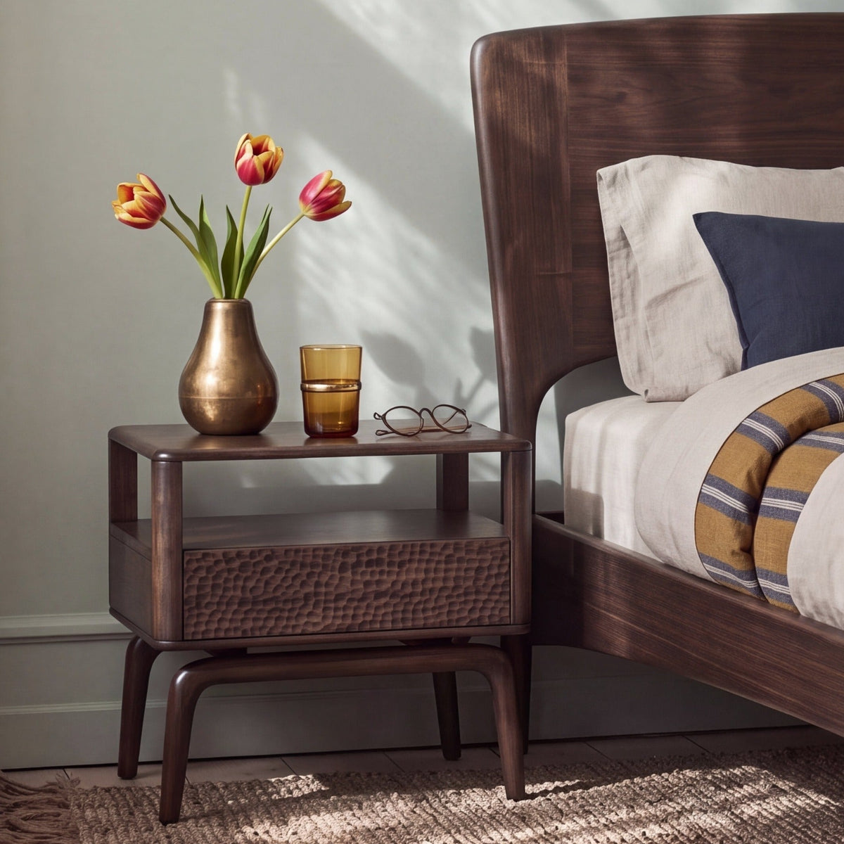 Greenington Zeva Nightstand in Black Walnut bamboo, styled in a bedroom