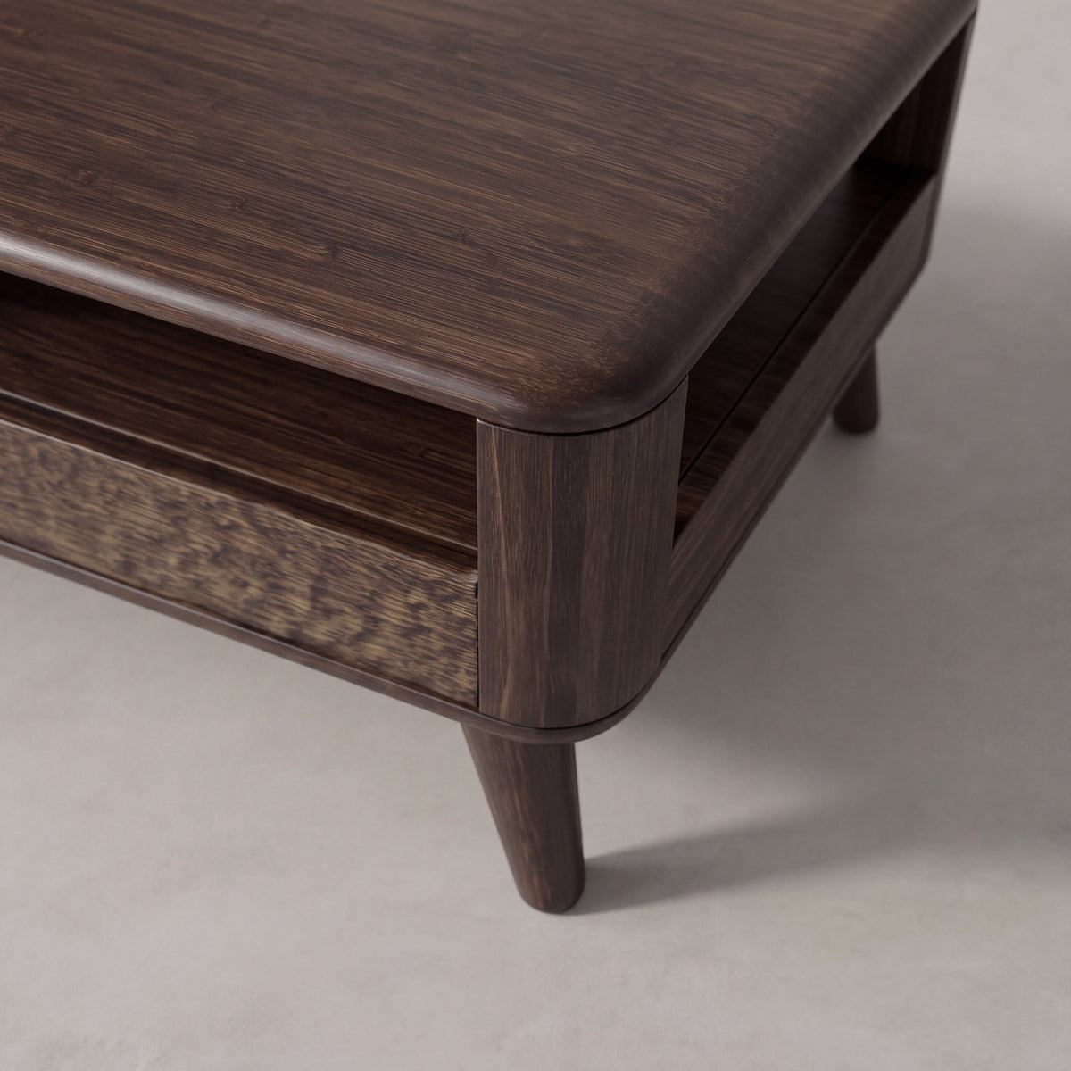 Detail of the leg on the Greenington Zeva Nightstand in Black Walnut bamboo