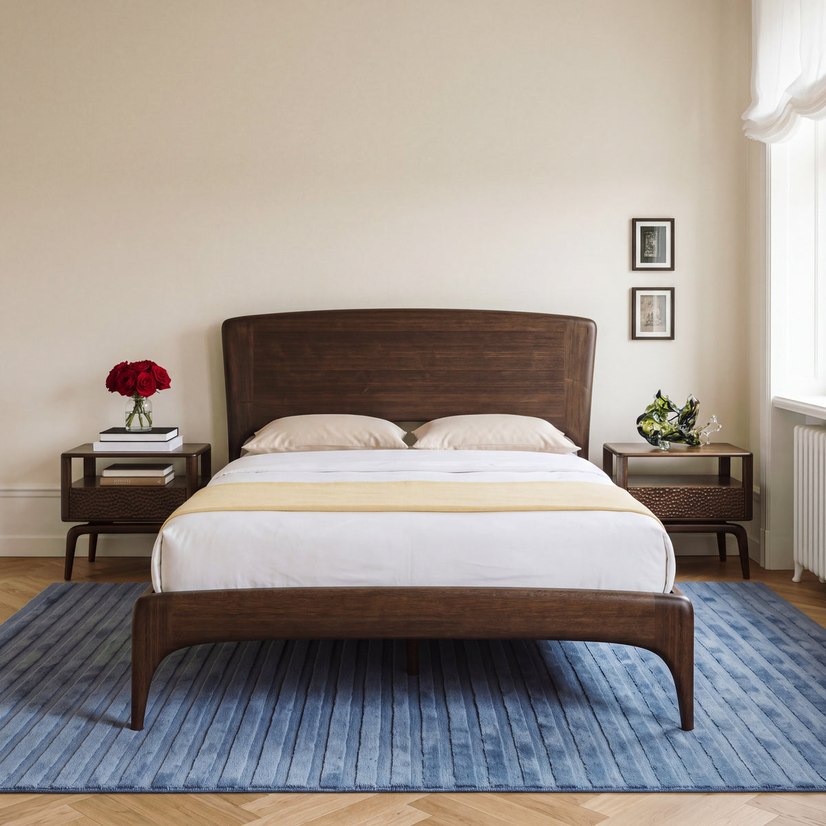 Greenington Zeva Platform Bed in Black Walnut bamboo, styled in a bright bedroom, front view