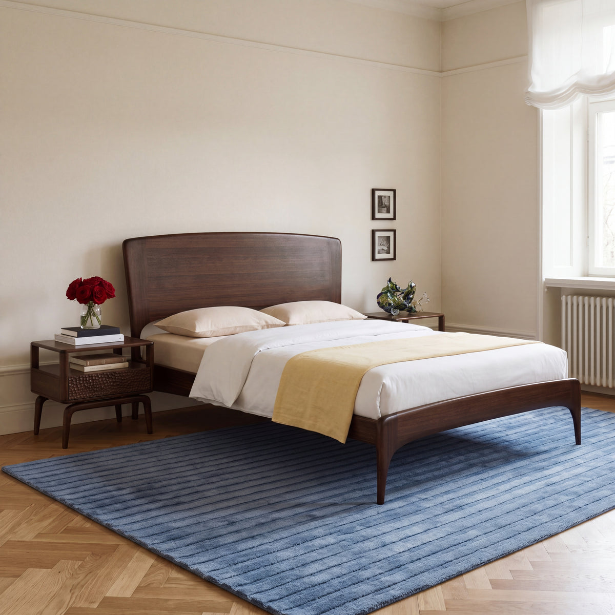 Greenington Zeva Platform Bed in Black Walnut bamboo, styled in a bright bedroom, close-up front view