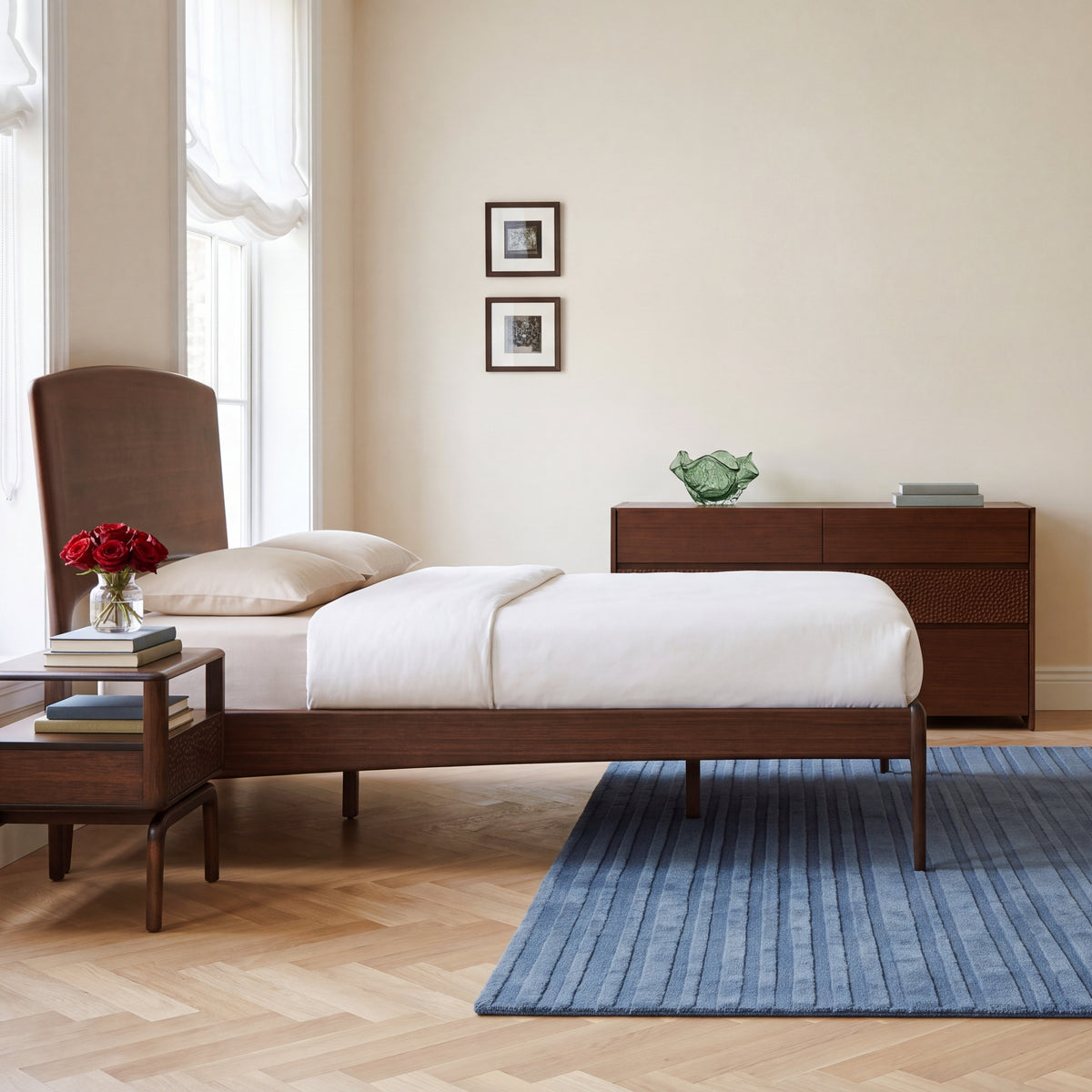 Greenington Zeva Platform Bed, Nightstand and Dresser in Black Walnut bamboo, styled in a bright bedroom, side view