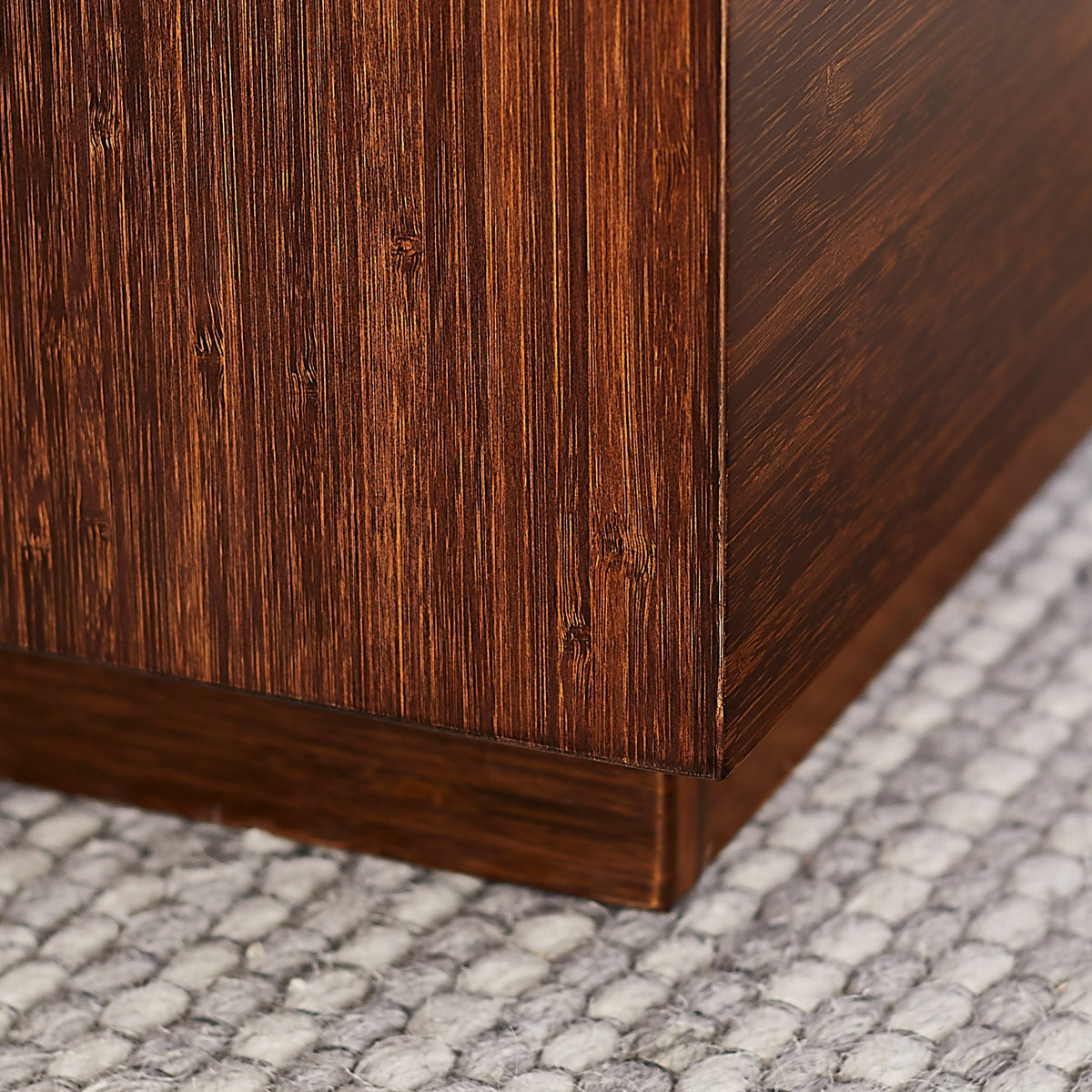 Close-up of the corner joinery on the Greenington Azara Cube Rectangular Coffee Table in Sable bamboo