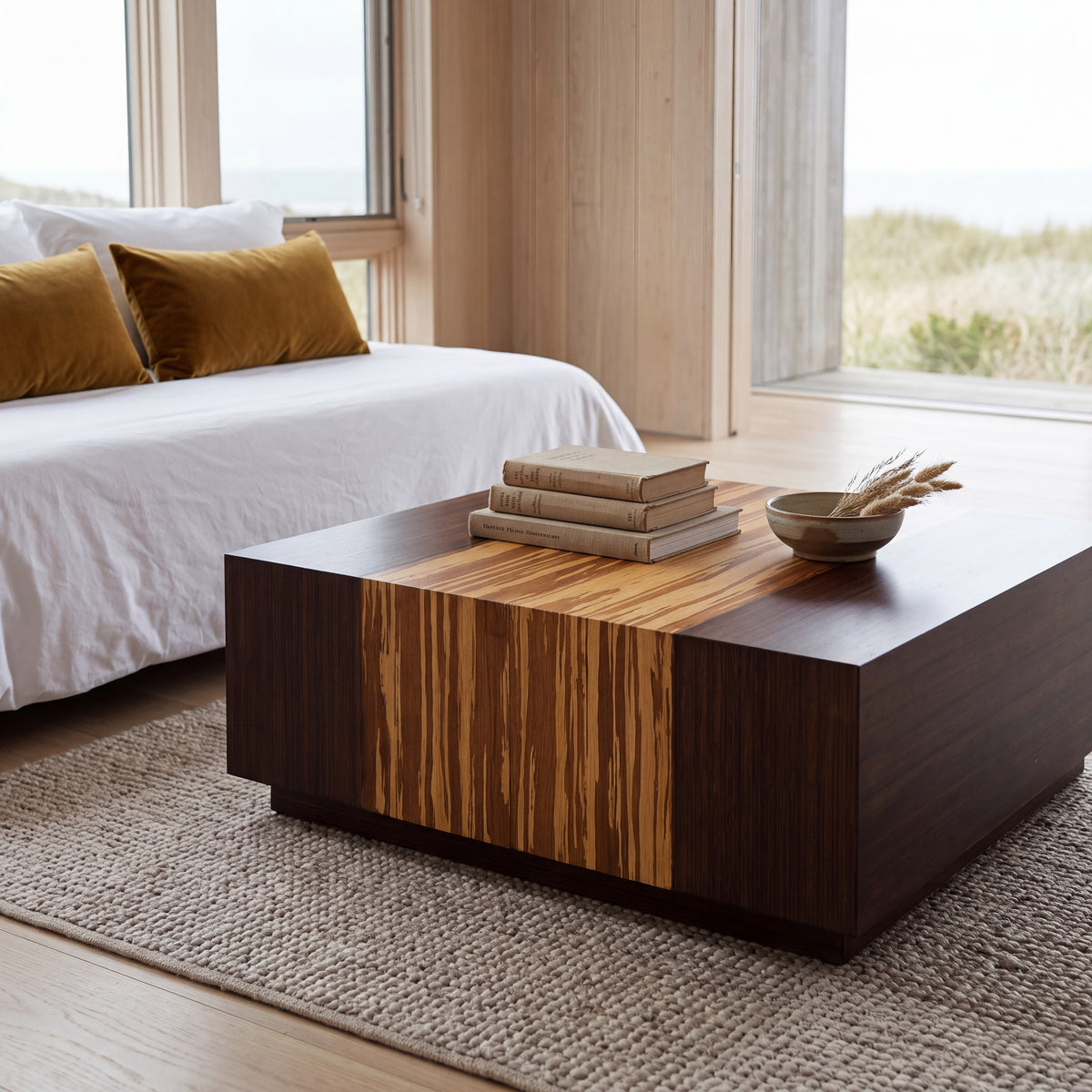Greenington Azara Cube Coffee Table in Sable bamboo, styled in a bedroom