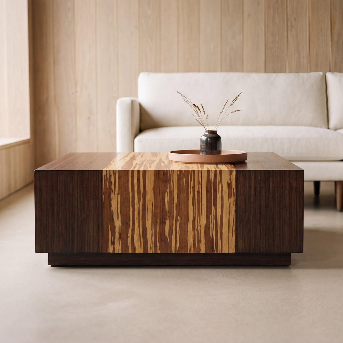 Greenington Azara Cube Coffee Table in Sable bamboo, shown in a living room