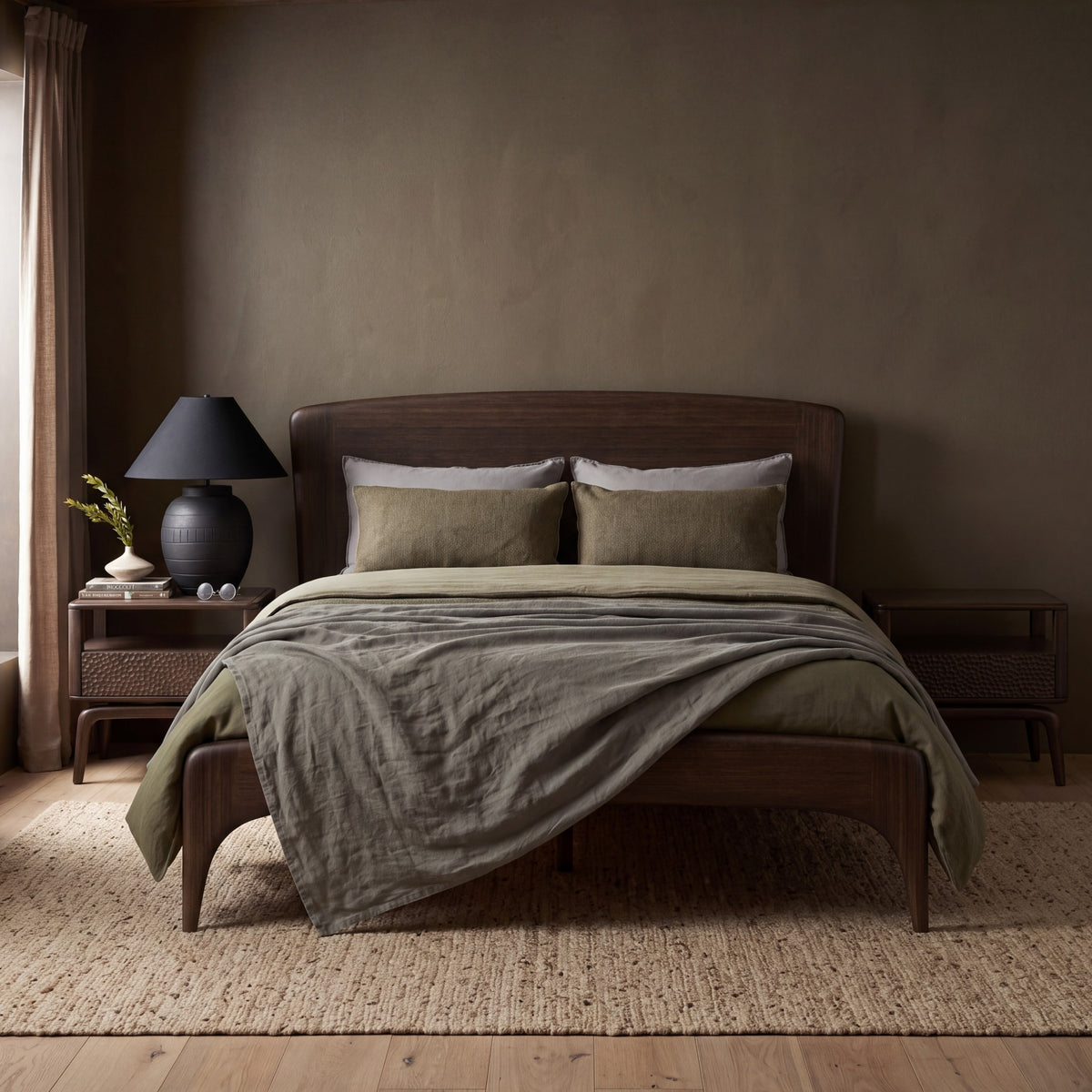 Zeva platform bed and nightstands in Black Walnut
