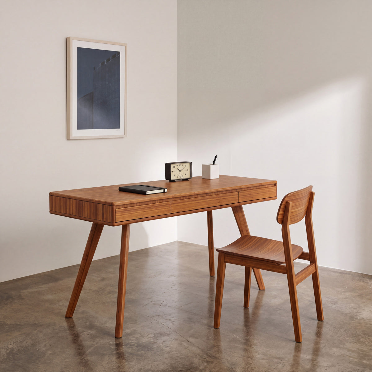 Greenington Currant Writing Desk in Amber bamboo, styled in a home office