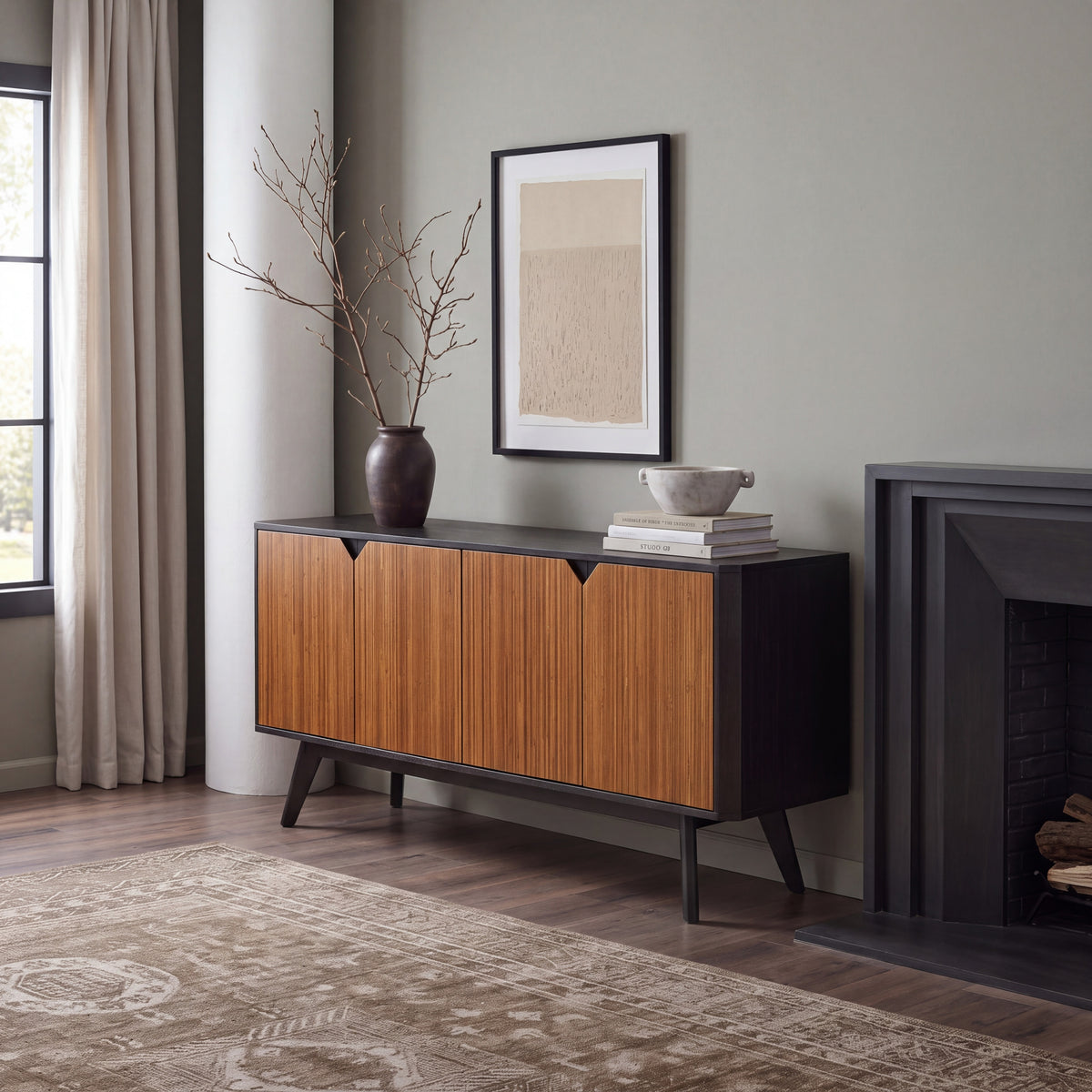 Greenington Sonoma Sideboard/Media/Credenza in Amber and Caviar bamboo, in a living room setting