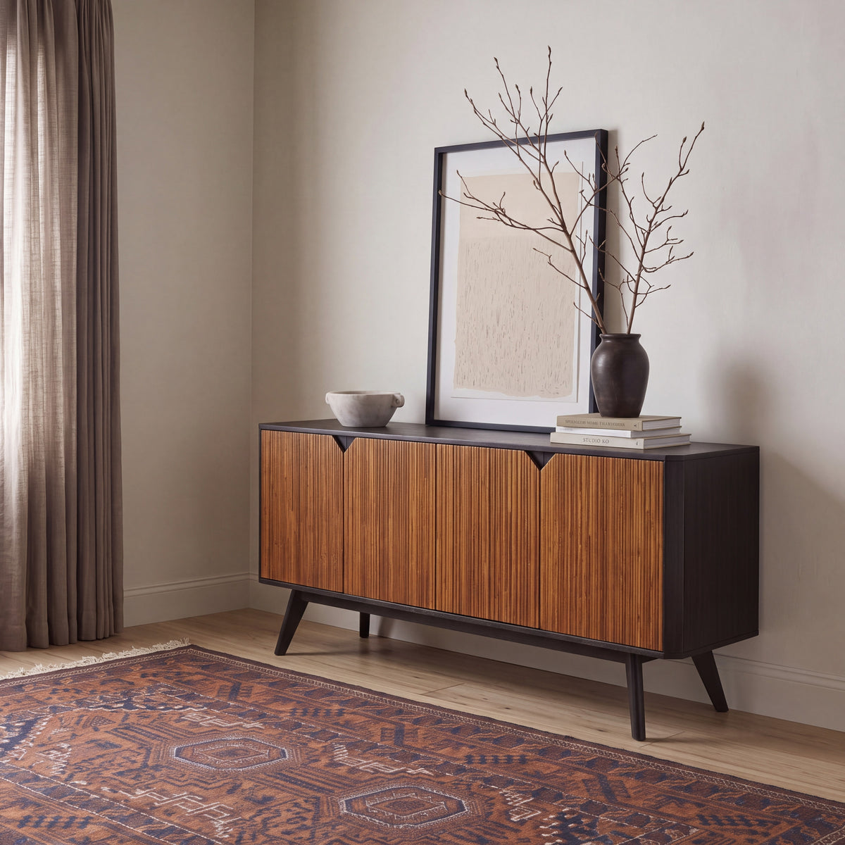 Greenington Sonoma Sideboard/Media/Credenza in Amber and Caviar bamboo, pictured in a living room