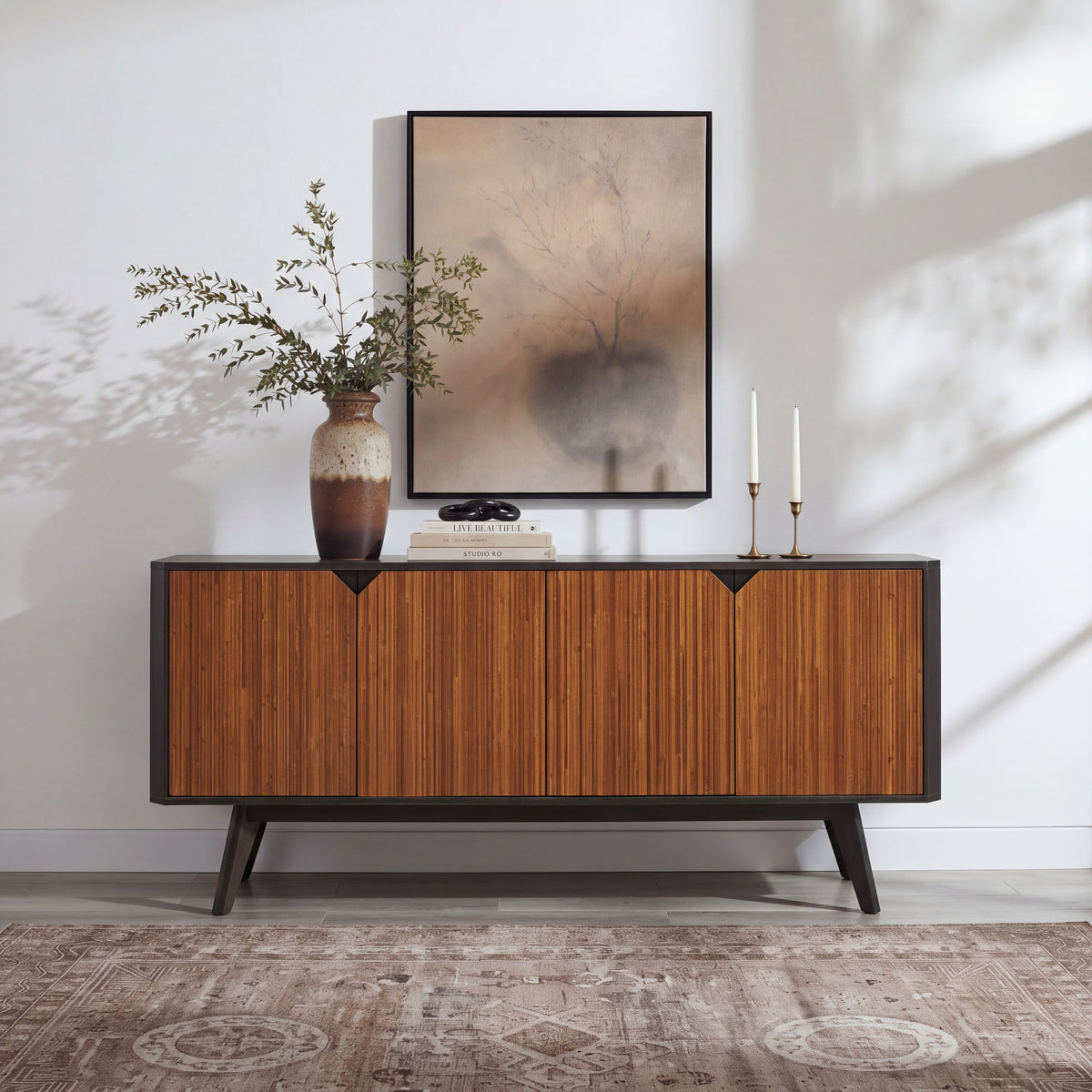 Greenington Sonoma Sideboard/Media/Credenza in Amber and Caviar bamboo, styled in a living room