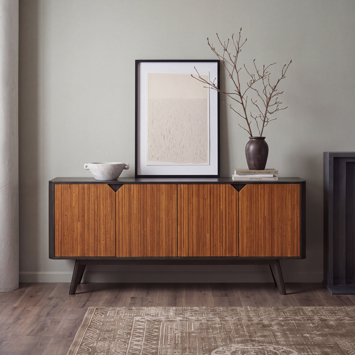 Greenington Sonoma Sideboard/Media/Credenza in Amber and Caviar bamboo, shown in a living room