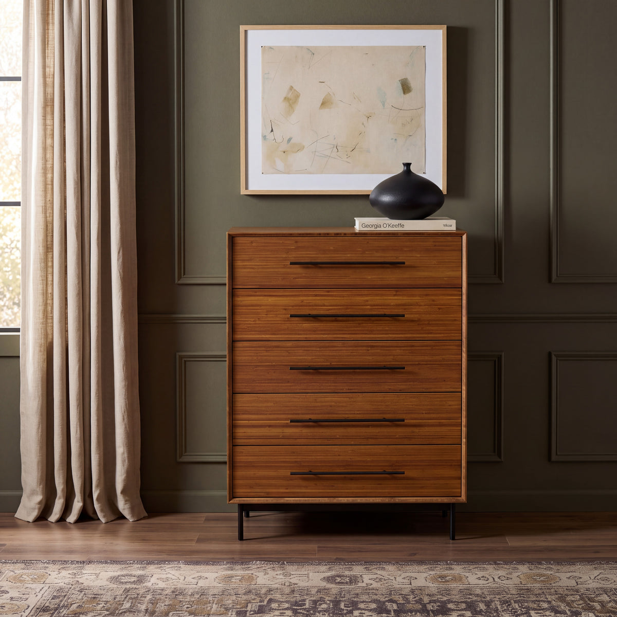 Greenington Taylor Chest in Amber bamboo, shown in a bedroom