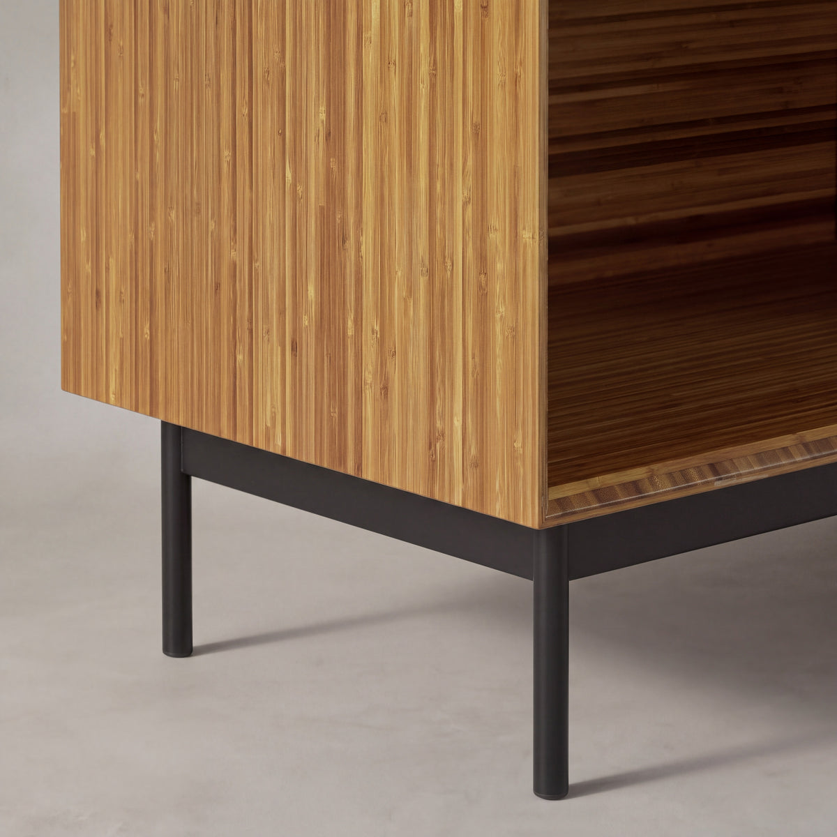 Close-up of the corner joinery on the Greenington Taylor Nightstand in Amber bamboo