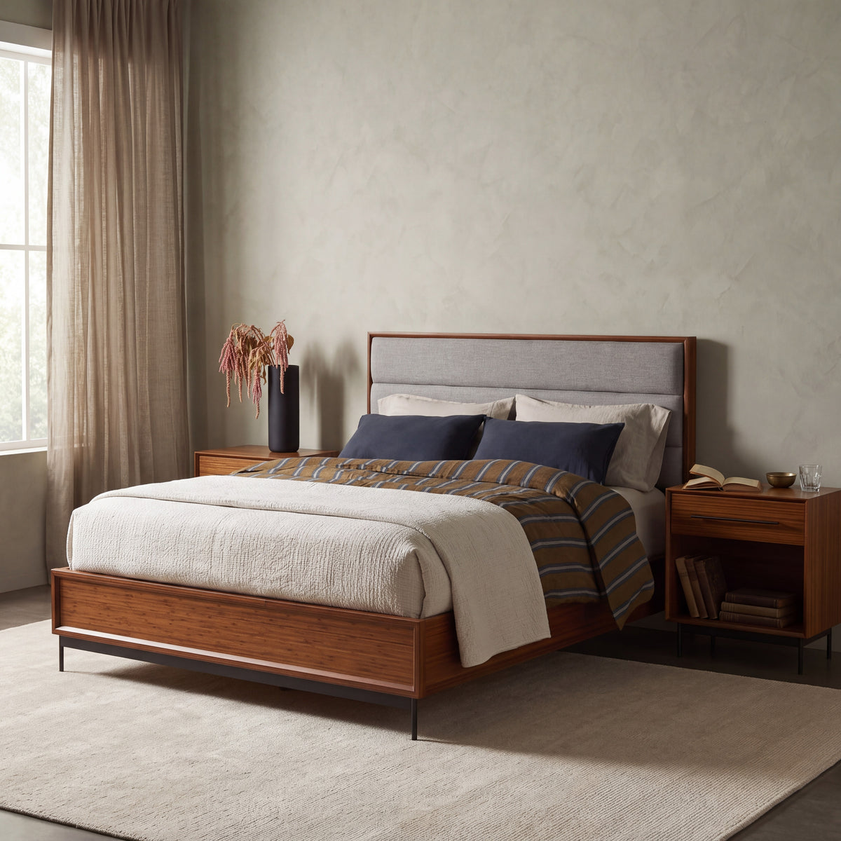 Greenington Taylor Platform Bed in Amber bamboo, styled in a bedroom
