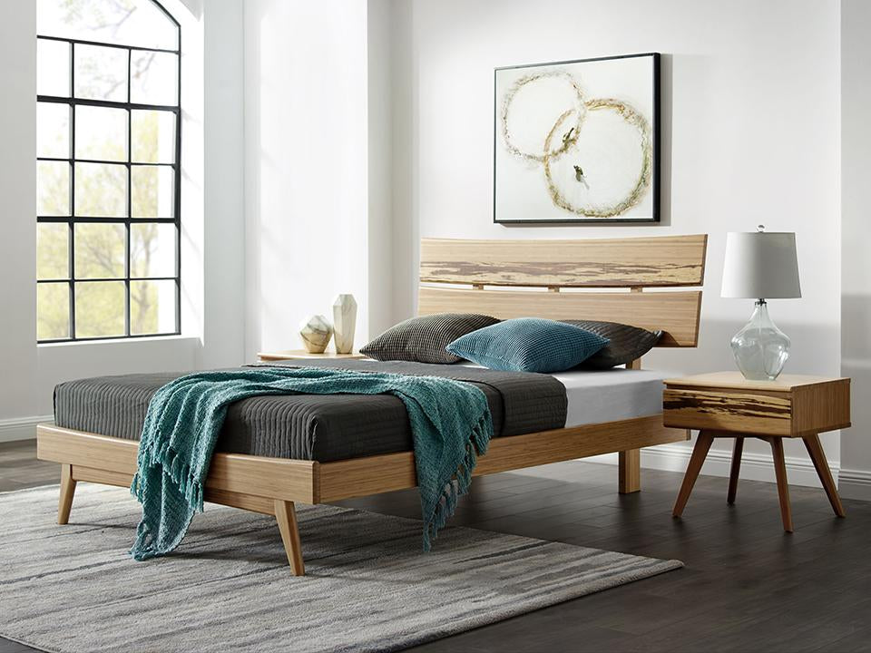 Greenington's Modern and Sustainable Azara Queen Solid Bamboo Platform Bed in Caramelized Finish with Exotic Tiger Accent