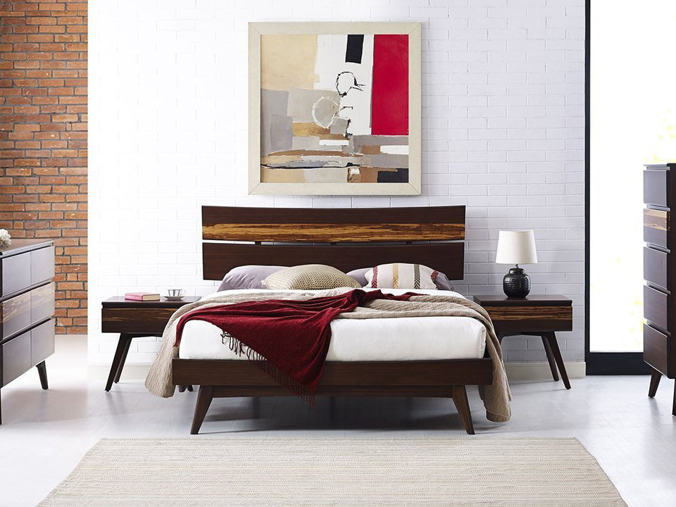 Greenington's Modern and Sustainable Azara Queen Solid Bamboo Platform Bed in Sable Finish with Exotic Tiger Accent