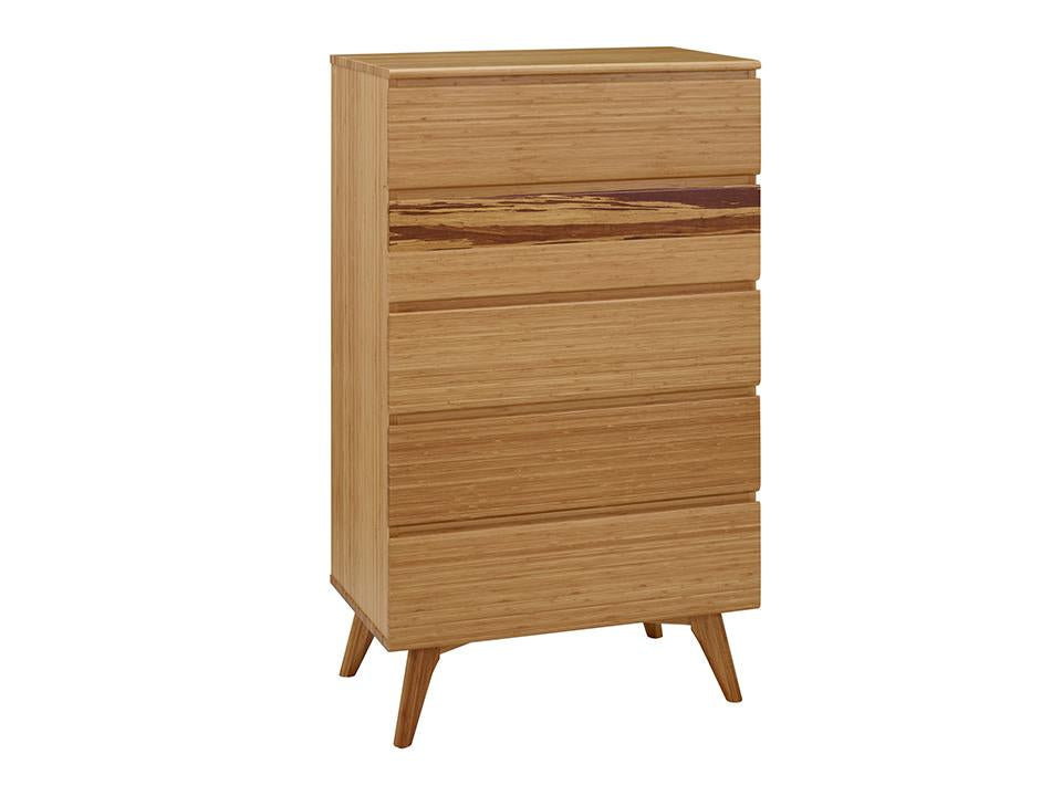 Greenington's Modern and Sustainable Azara Solid Bamboo Bedroom 5 Drawer High Chest in Caramelized Finish with Exotic Tiger Accent