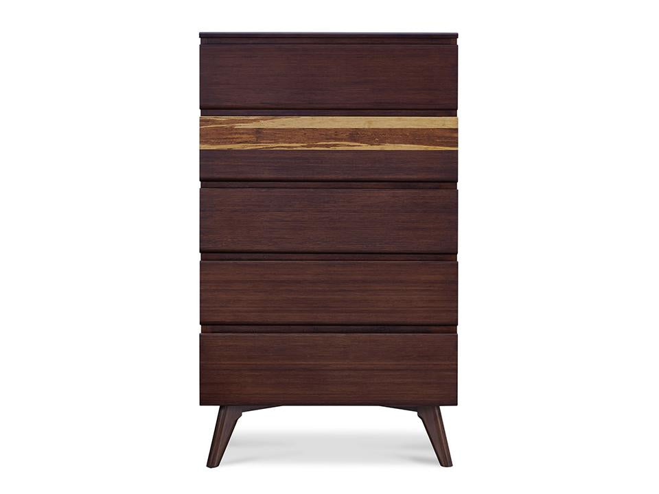 Greenington's Modern and Sustainable Azara Solid Bamboo Bedroom 5 Drawer High Chest in Sable Finish with Exotic Tiger Accent